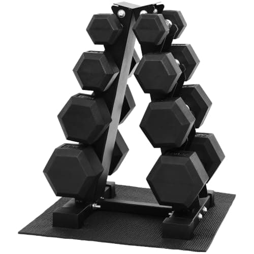 HulkFit 100 lb Rubber Hex Dumbbell Set with Vertical Rack